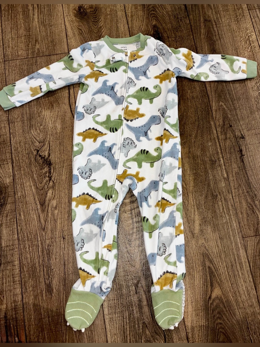 Baby Dino Print Footed One-Piece Pajamas - Green/Blue